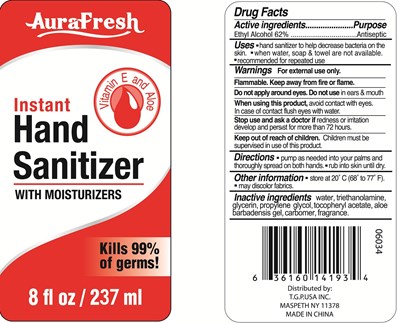 Image Of Label (Aurafresh Hand Sanitizer(vitamin E And Aloe ) 8 Oz)